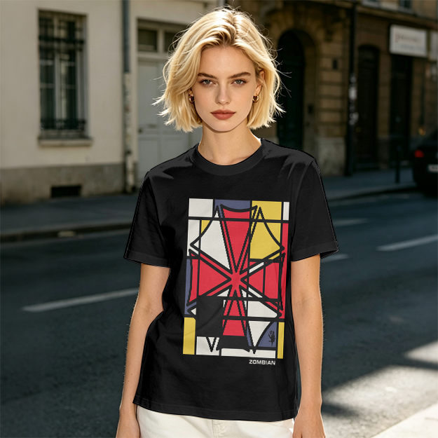 Olive T-Shirt with Mondrian-style Geometric Abstract Graphic Print