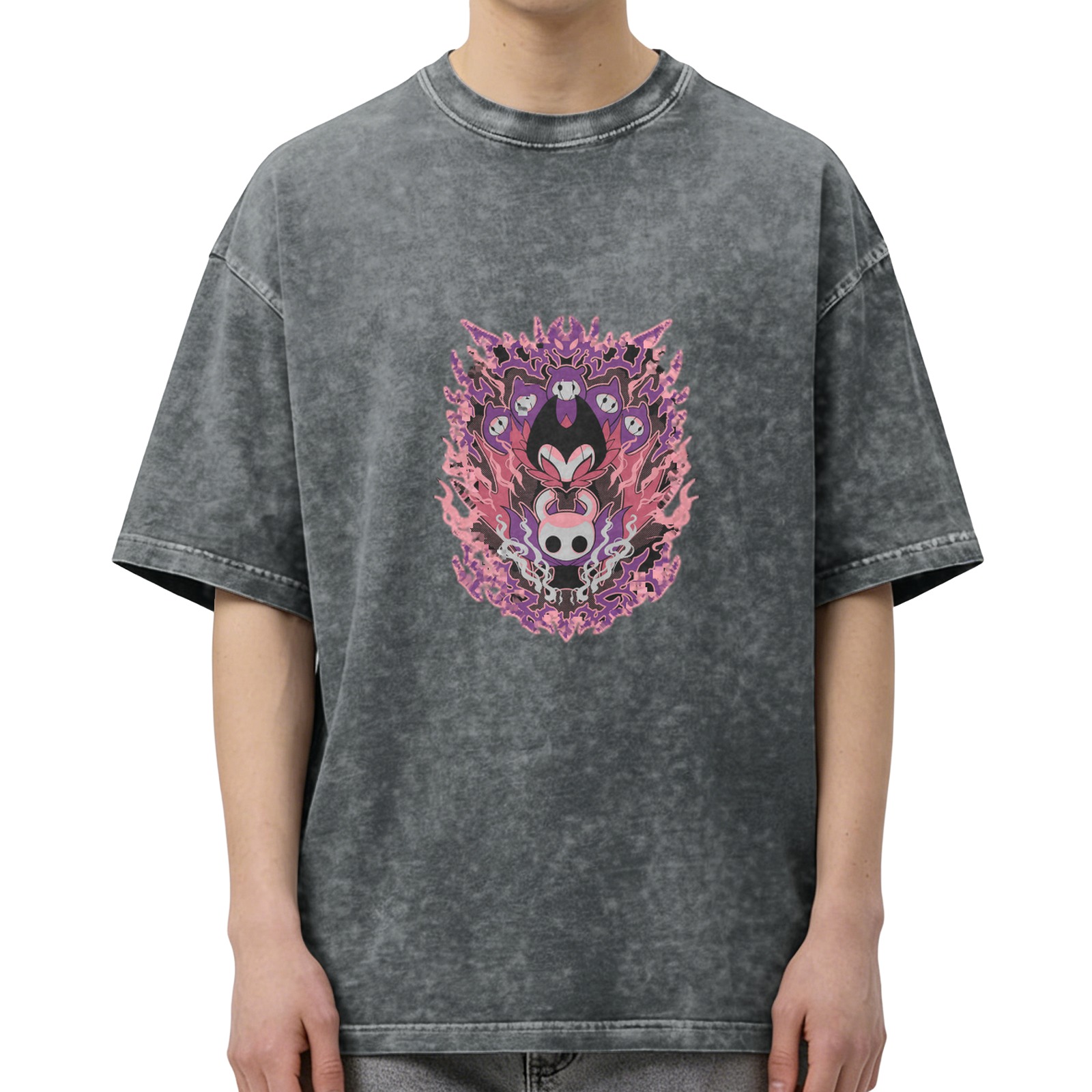Oversized Washed Black T-shirt with Hollow Knight Themed Purple Pink Graphic Print
