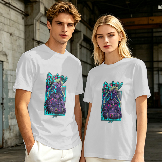 Olive T-shirt with cyberpunk anime character graphic