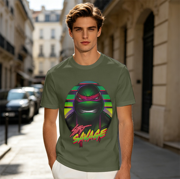 Olive T-Shirt with Retro Ninja Turtle 'Stay Savage' Graphic