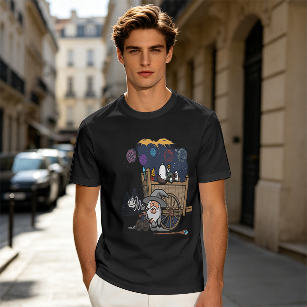 Olive T-Shirt with Wizard and Fireworks Cart Graphic