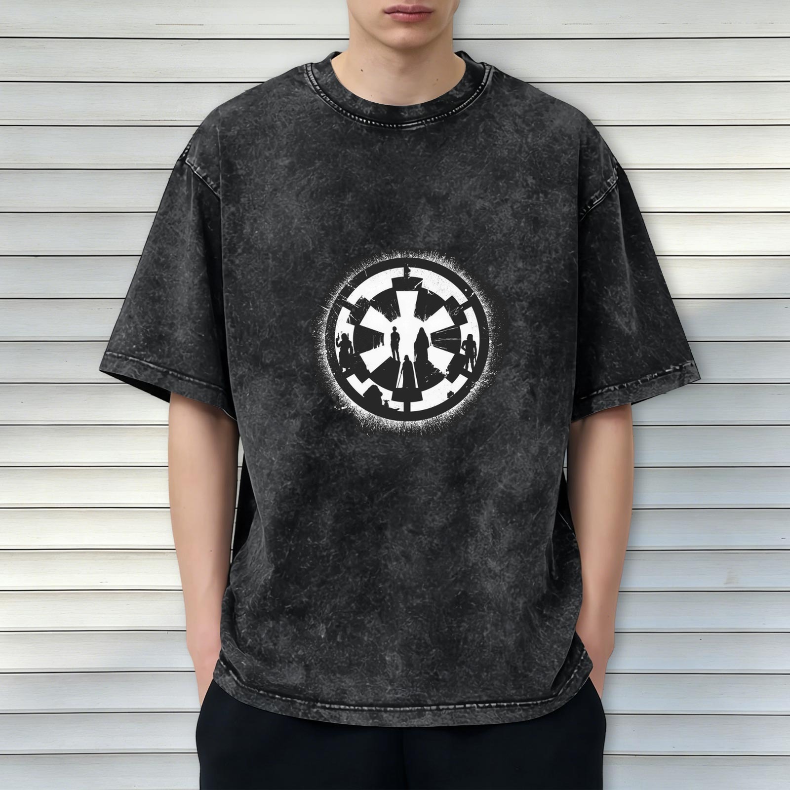 Distressed washed black round neck short-sleeved T-shirt Star Wars Galactic Empire logo themed print Loose casual top