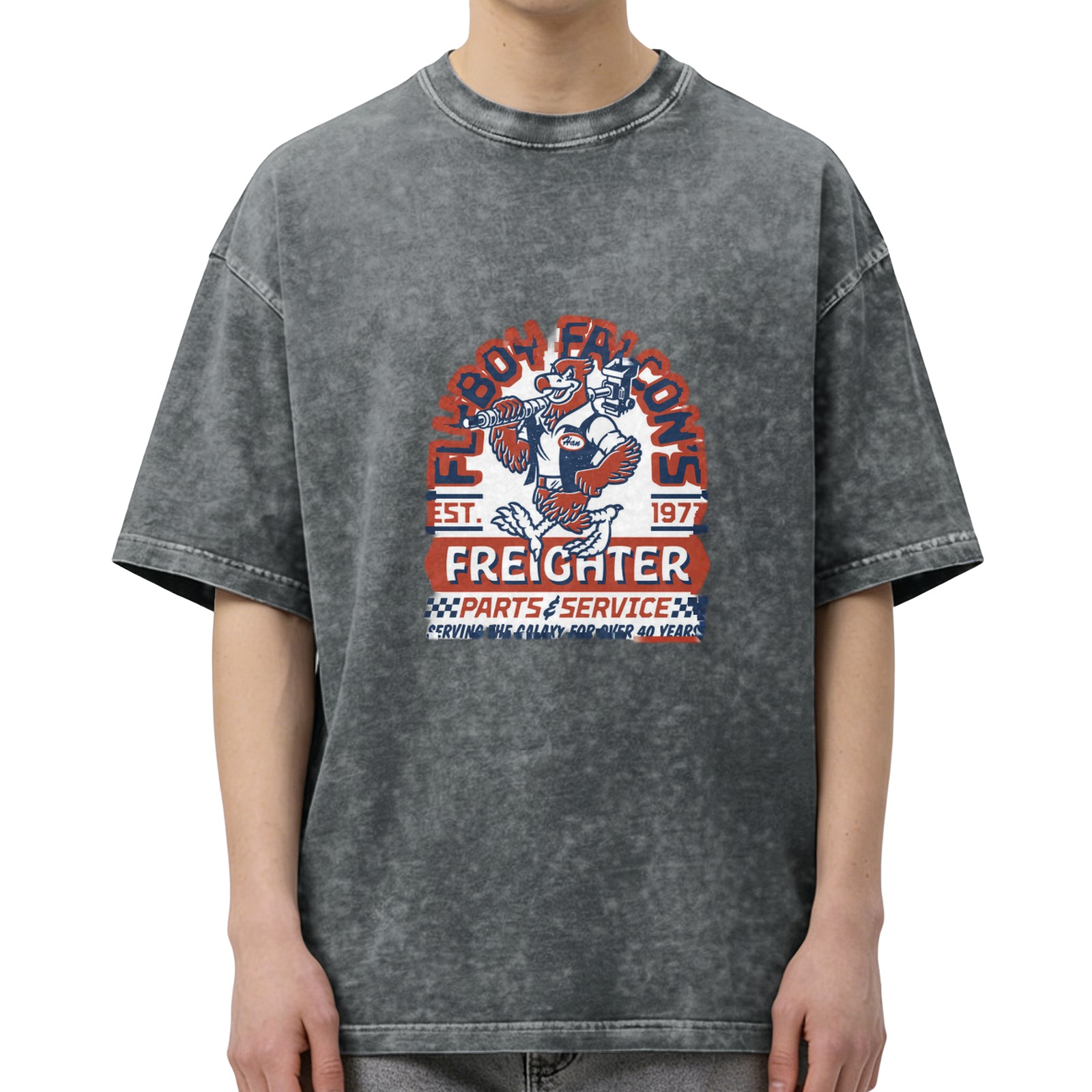 Washed Graphic T-Shirt with Falcon Freighter Parts Service Print