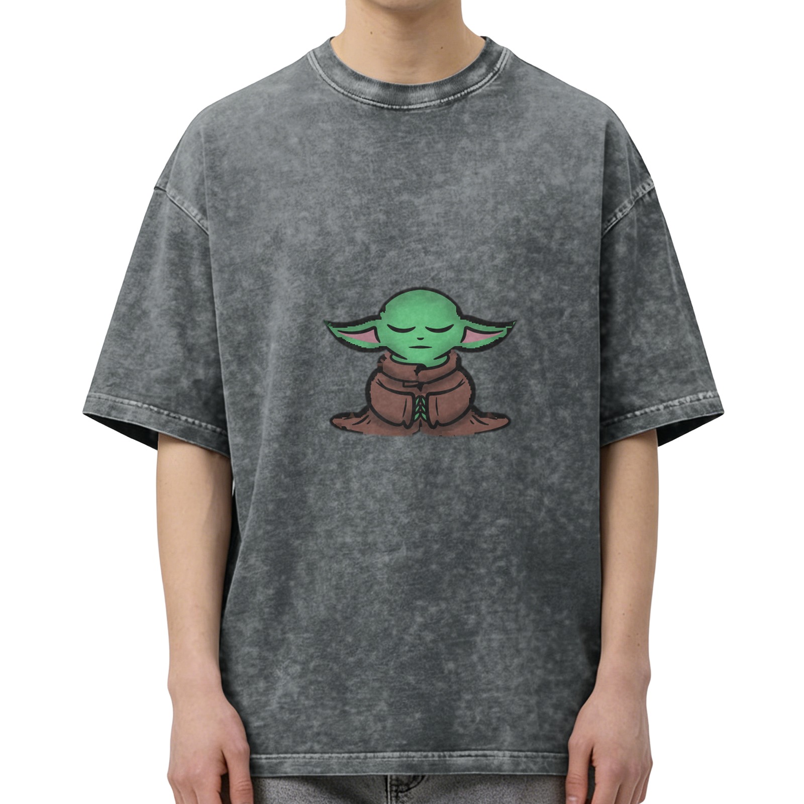 Washed black t-shirt with meditating Baby Yoda graphic