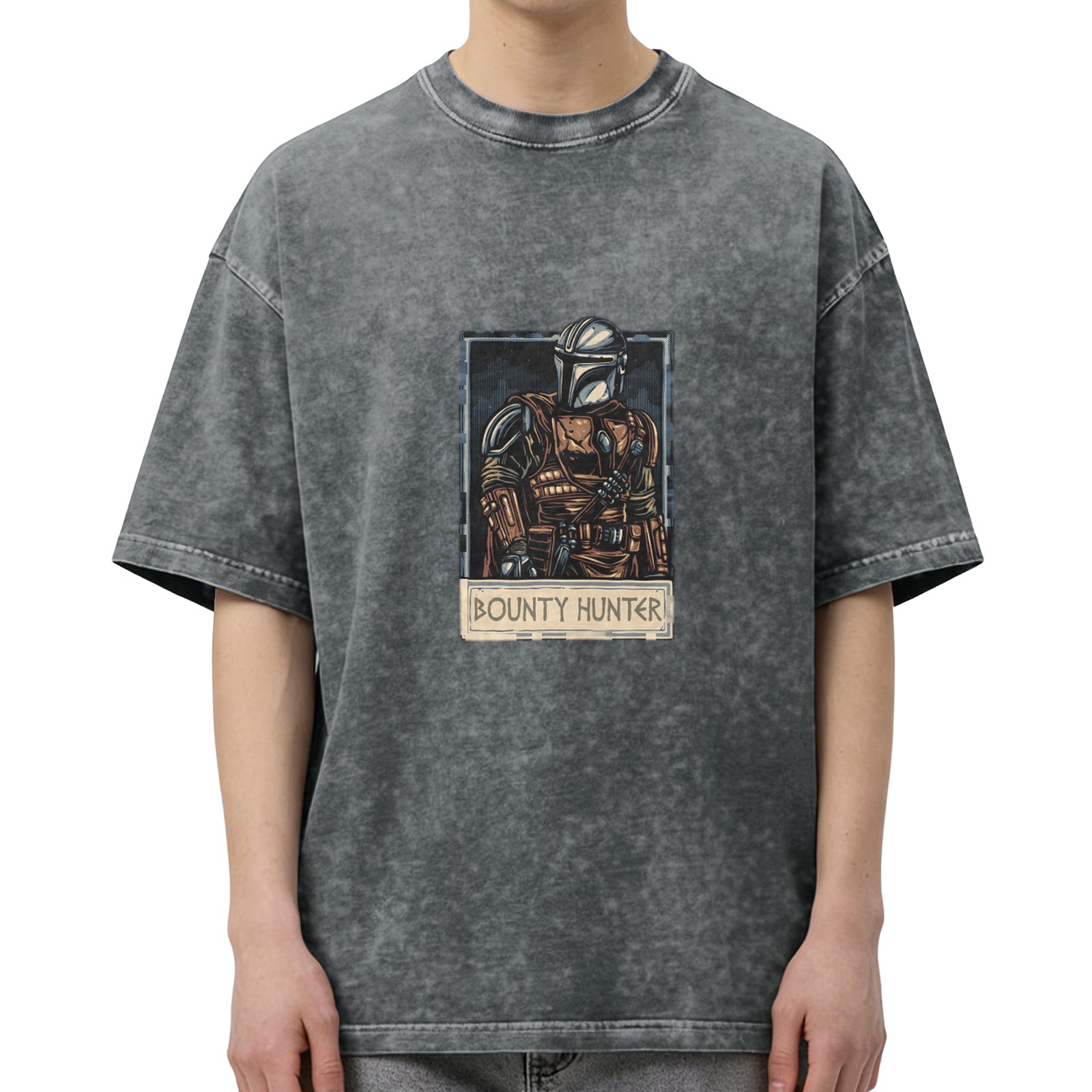 Washed Black T-Shirt With Mandalorian Bounty Hunter Print