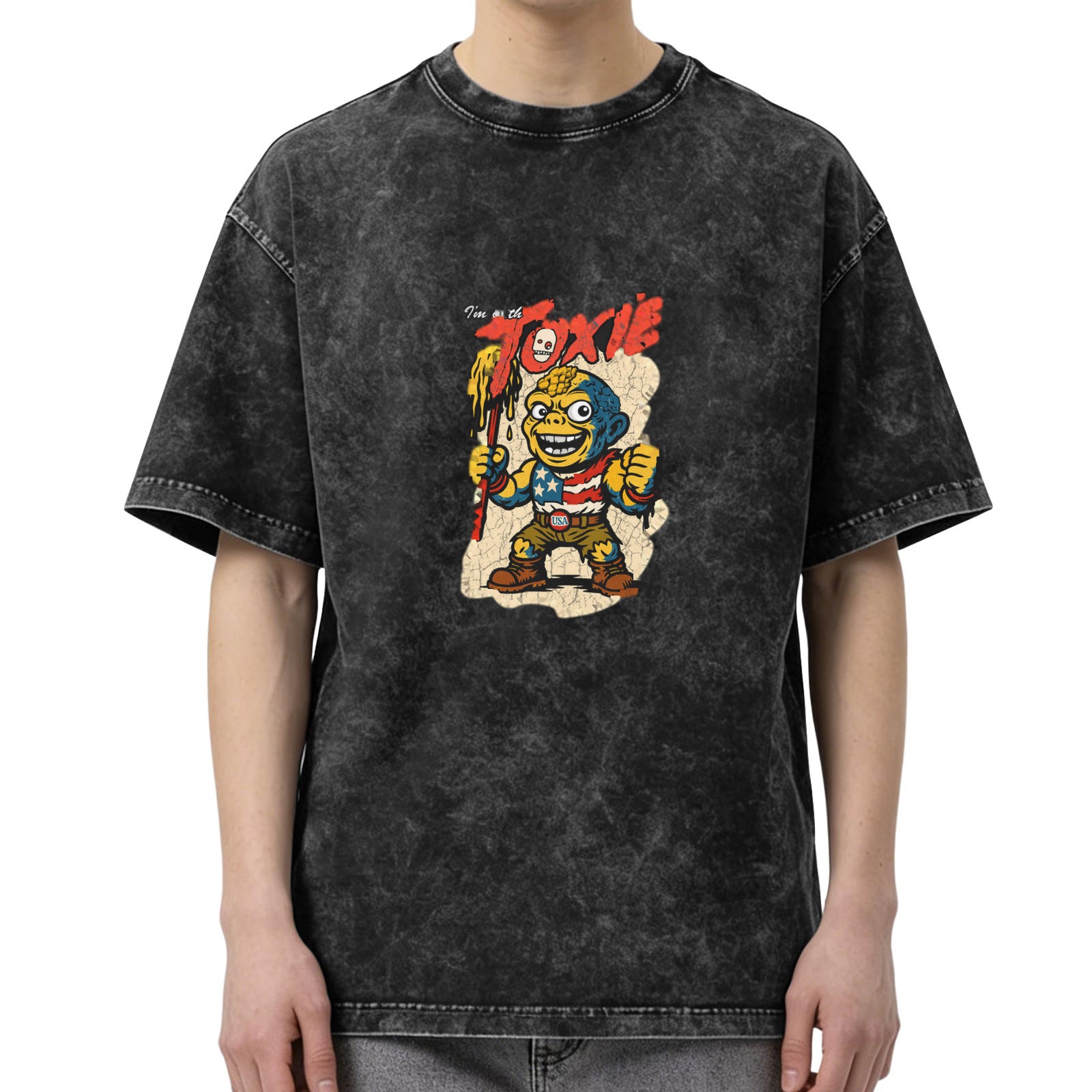 Washed Black T-Shirt with Toxic Cartoon Character Graphic