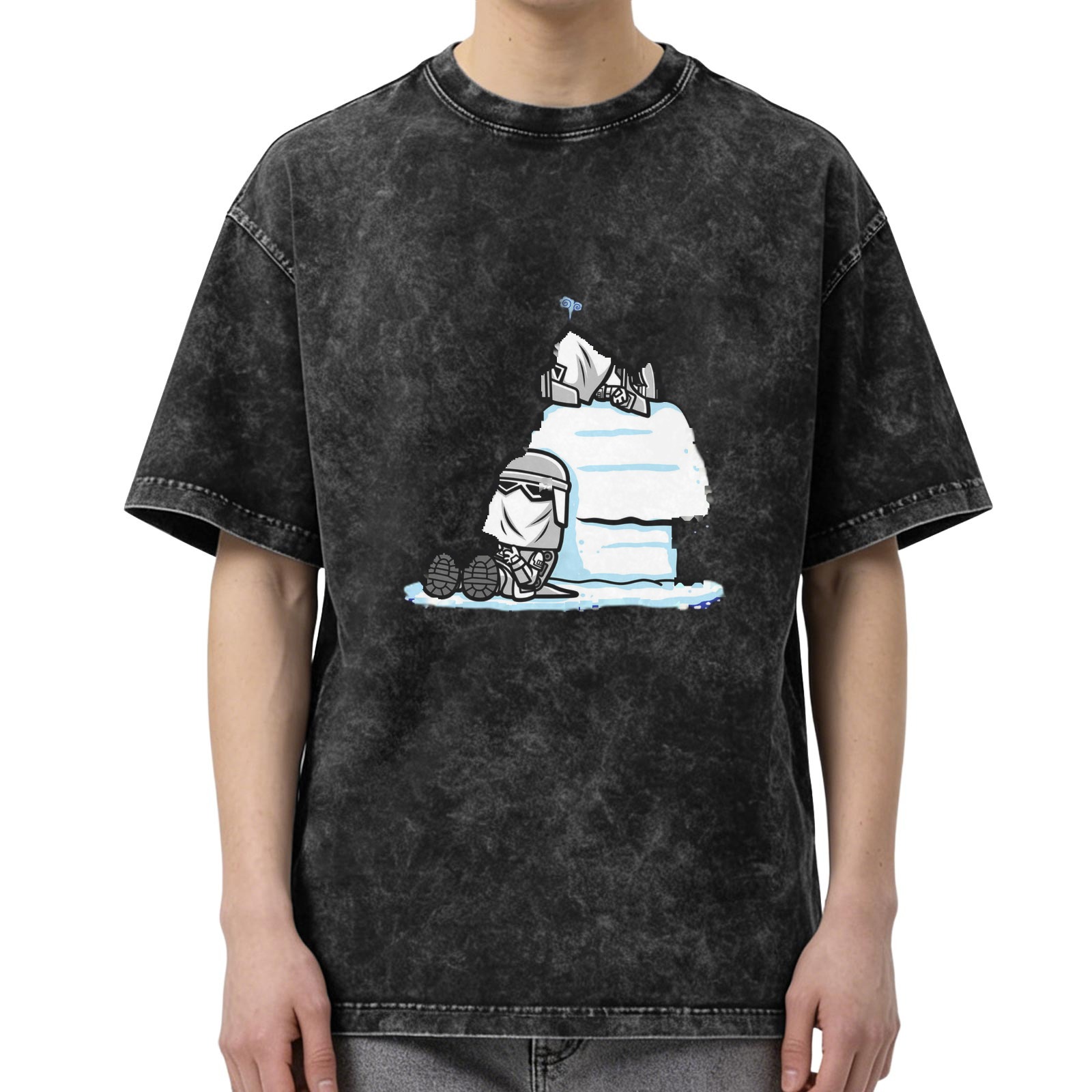 Washed black graphic t-shirt with cartoon snow trooper and igloo design