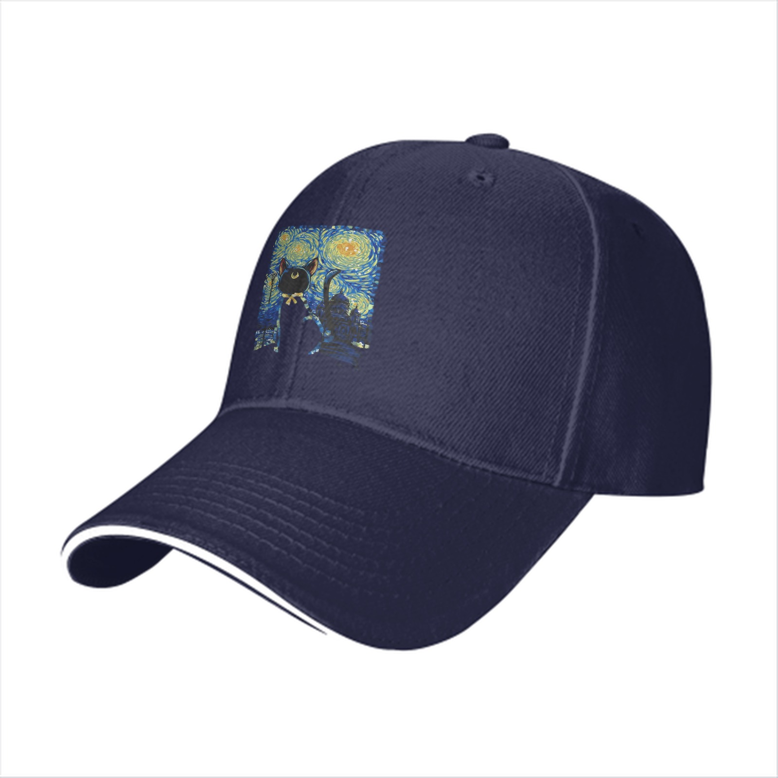 Black Baseball Cap With Starry Night Cat Art Print