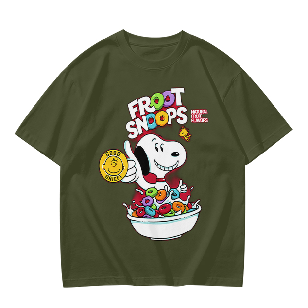 Olive T-Shirt with Snoopy Froot Snoops Cereal Bowl Graphic