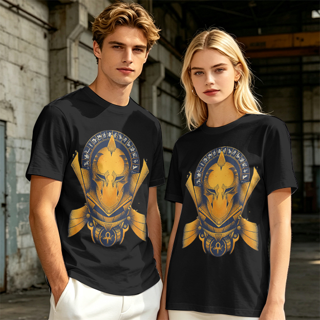 Olive T-Shirt with Ancient Egyptian Style Golden Helmet Print