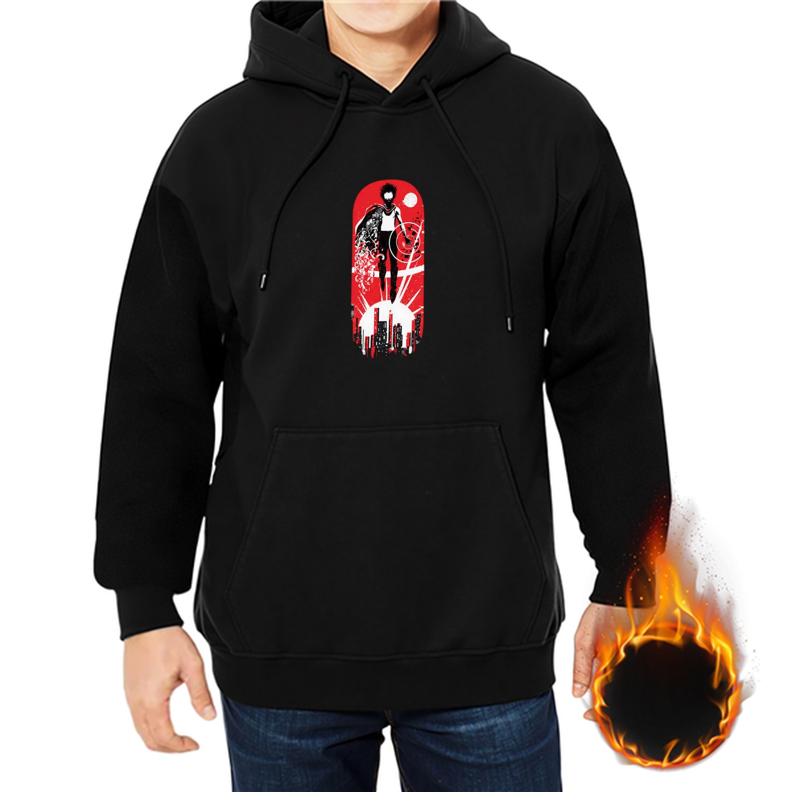 Black Hoodie With Superhero Cityscape Graphic Print