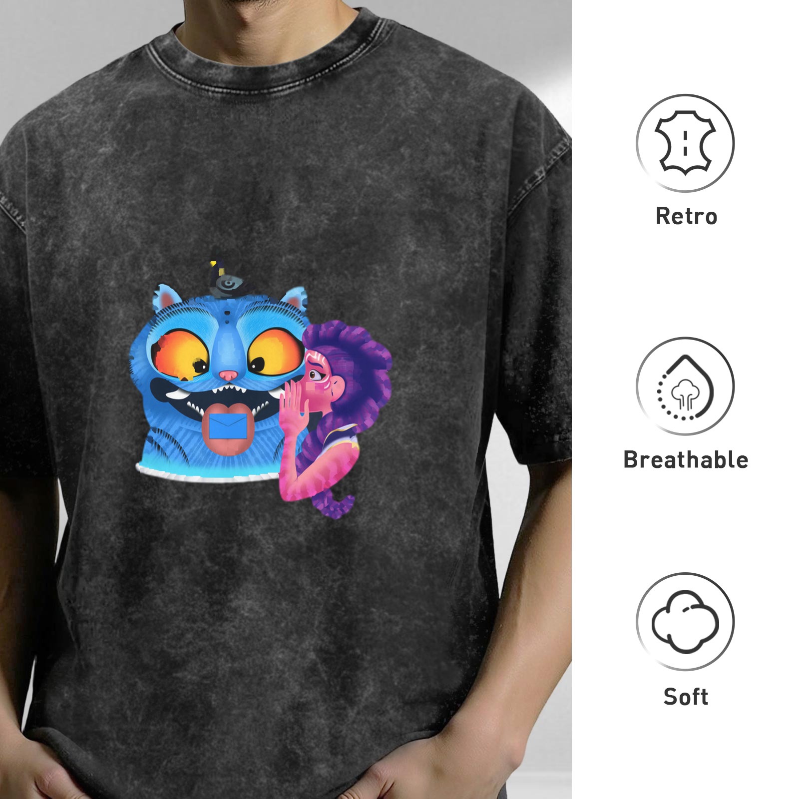 Oversized Dark Wash T-Shirt With Whispering Purple Haired Girl And Blue Cat Graphic