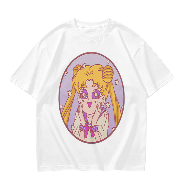 Olive T-shirt with excited anime girl star eyes graphic