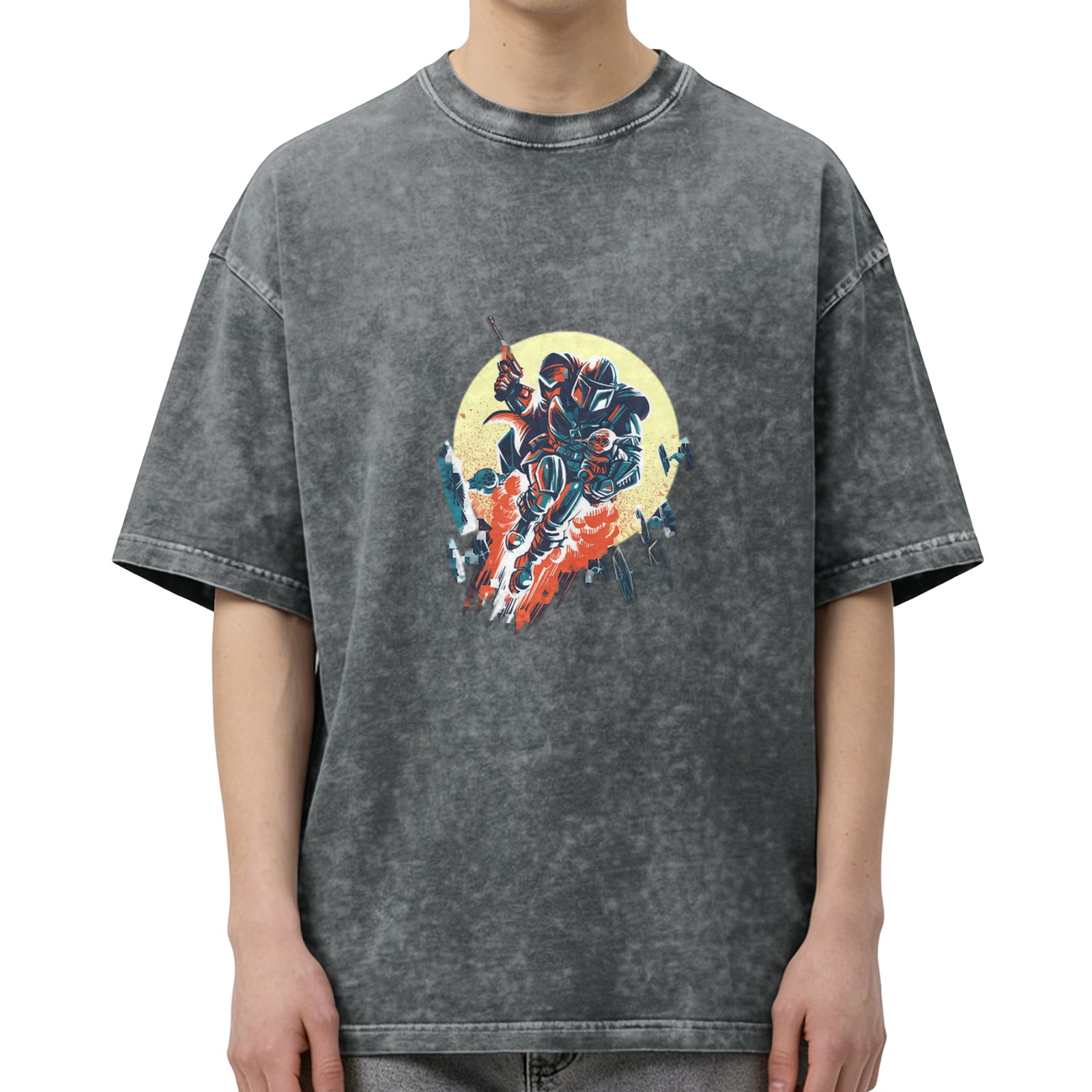 Washed Black Oversized T-Shirt with Sci-Fi Warrior Graphic Print