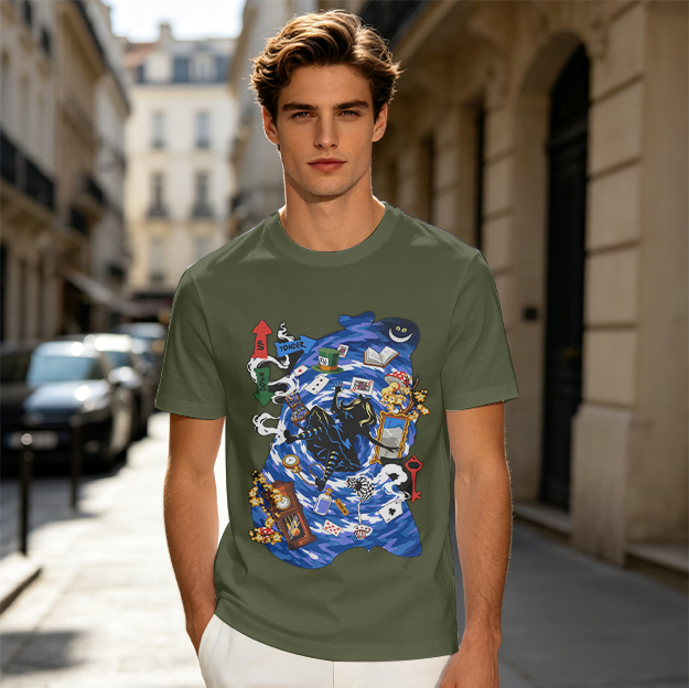 Olive green t-shirt with Alice in Wonderland themed swirling graphic print