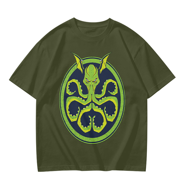 Olive Green T-Shirt with Octopus Demon Graphic Print