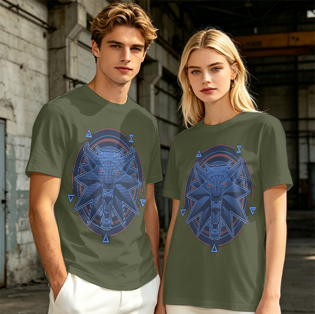 Olive T-Shirt With Witcher Wolf Medallion Graphic Print