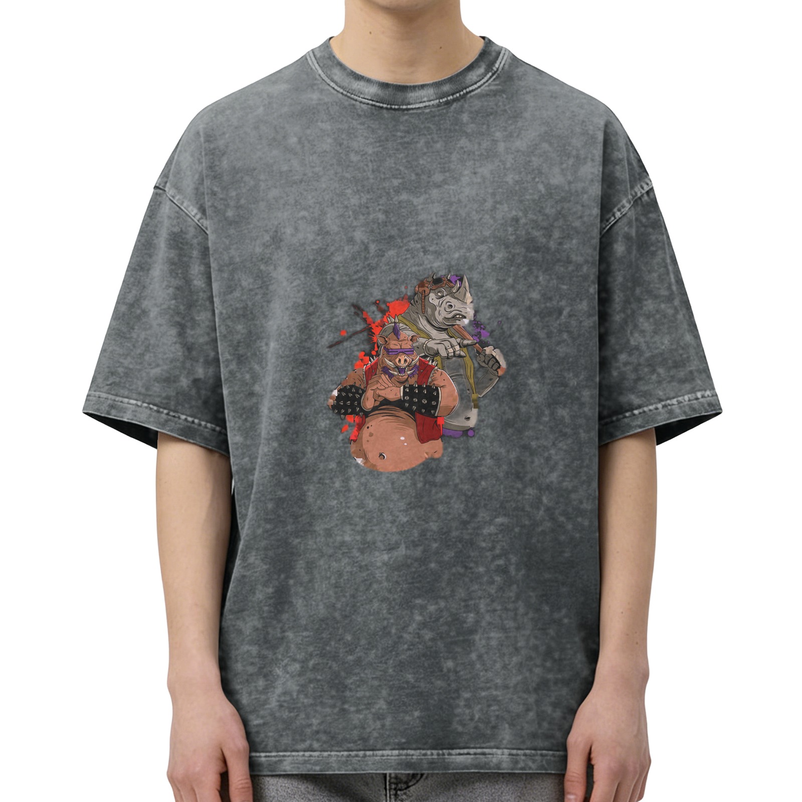 Washed Black Oversized T-Shirt With Bebop And Rocksteady Graphic