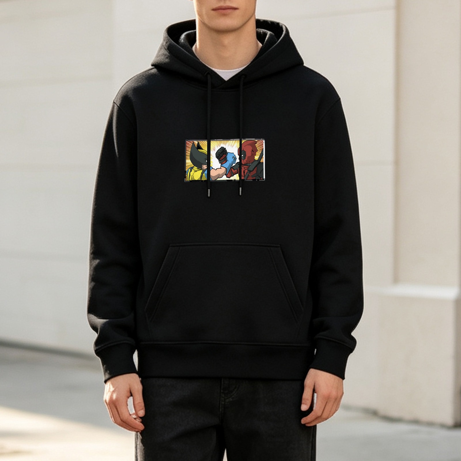 Black hoodie with Wolverine and Deadpool fist bump graphic