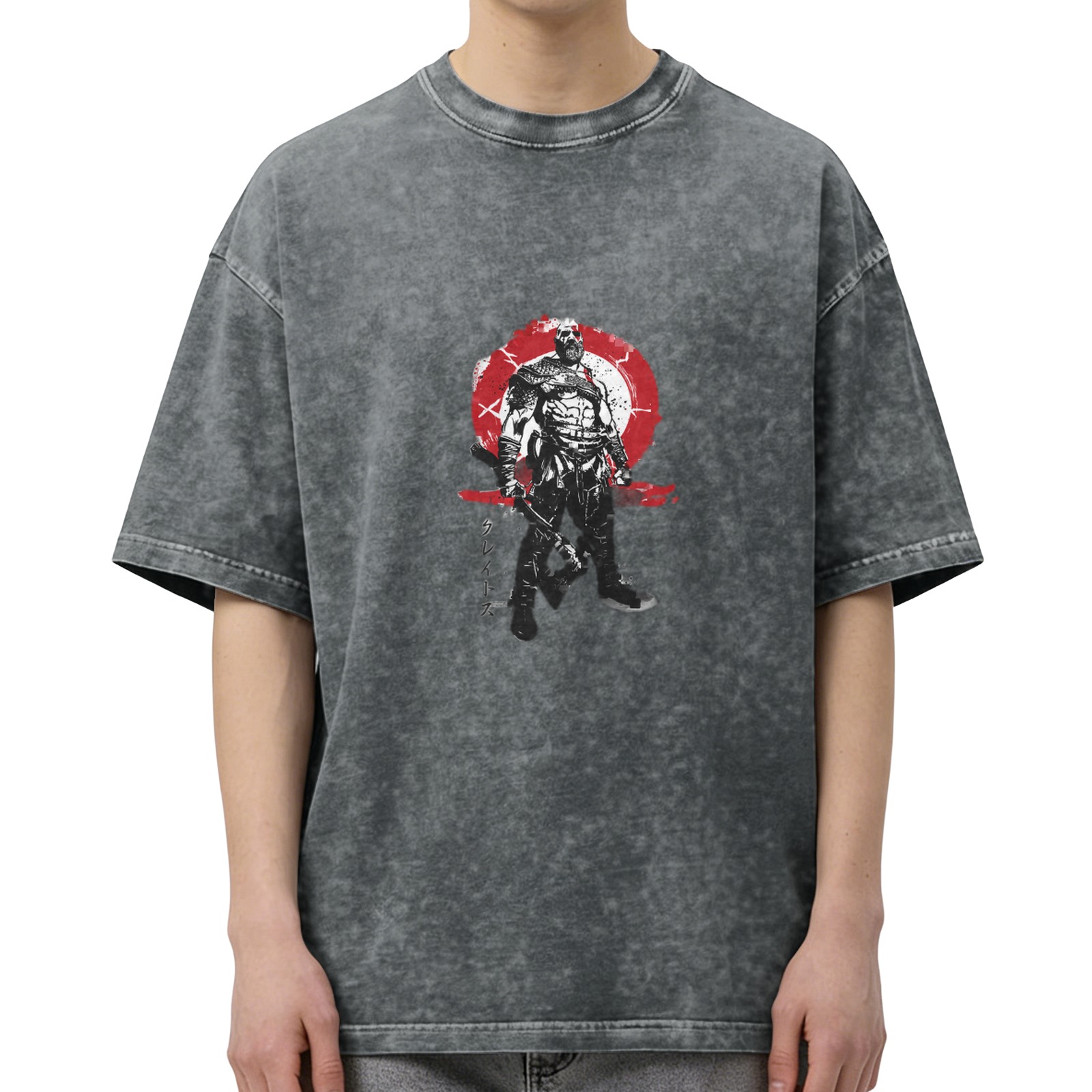 Washed Black Graphic T-Shirt with Warrior Figure Print
