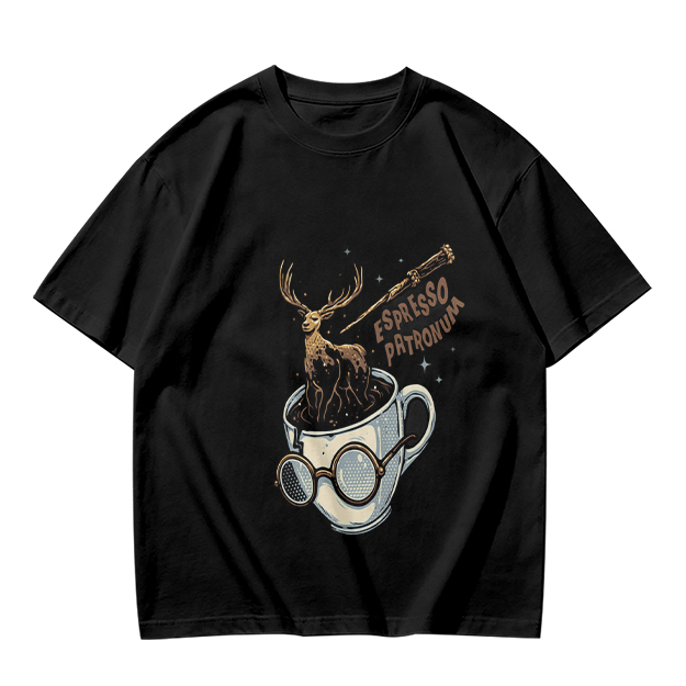 Olive T-Shirt with Espresso Patronum Deer Coffee Cup Art