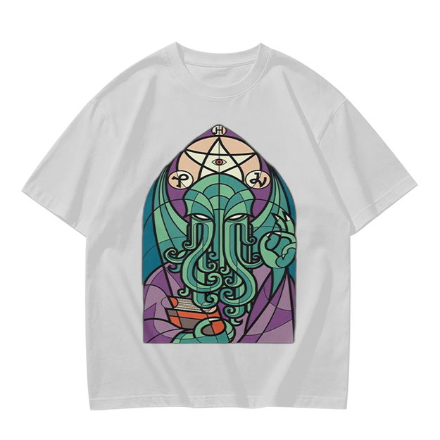Olive T-Shirt with Stained Glass Style Cthulhu Occult Print