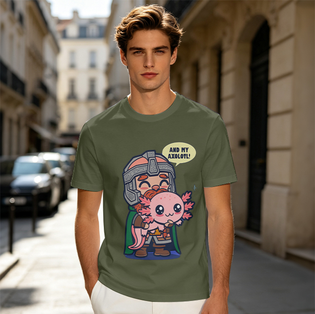Olive T-shirt with Dwarf Warrior Holding Axolotl 'And My Axolotl!' Print
