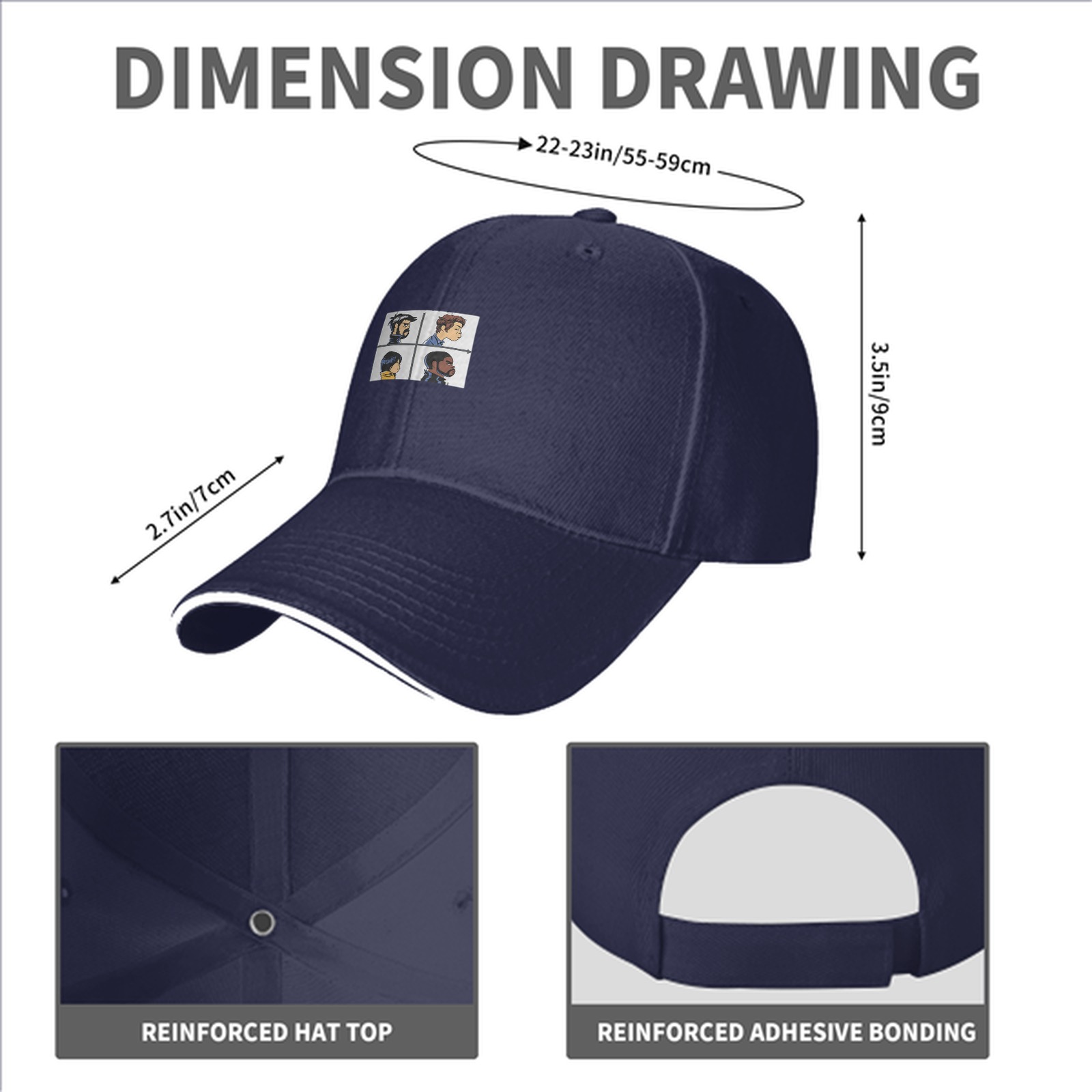 Black Baseball Cap With Four Character Profile Print Design