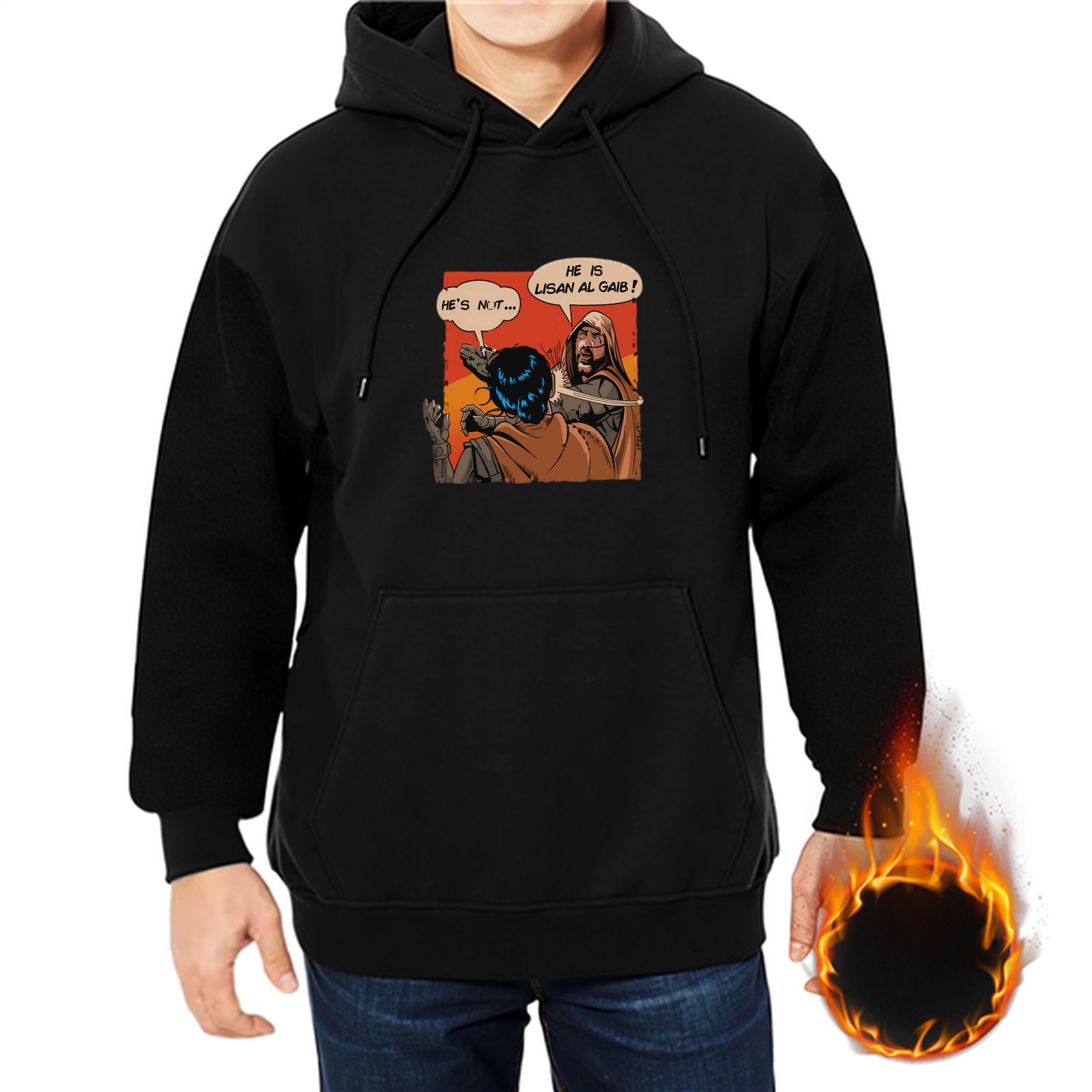 Black hoodie with comic book style Lisan al Gaib graphic