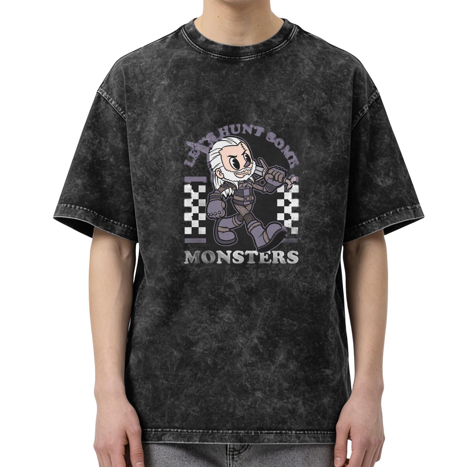Witcher monster hunt cartoon graphic acid wash t-shirt