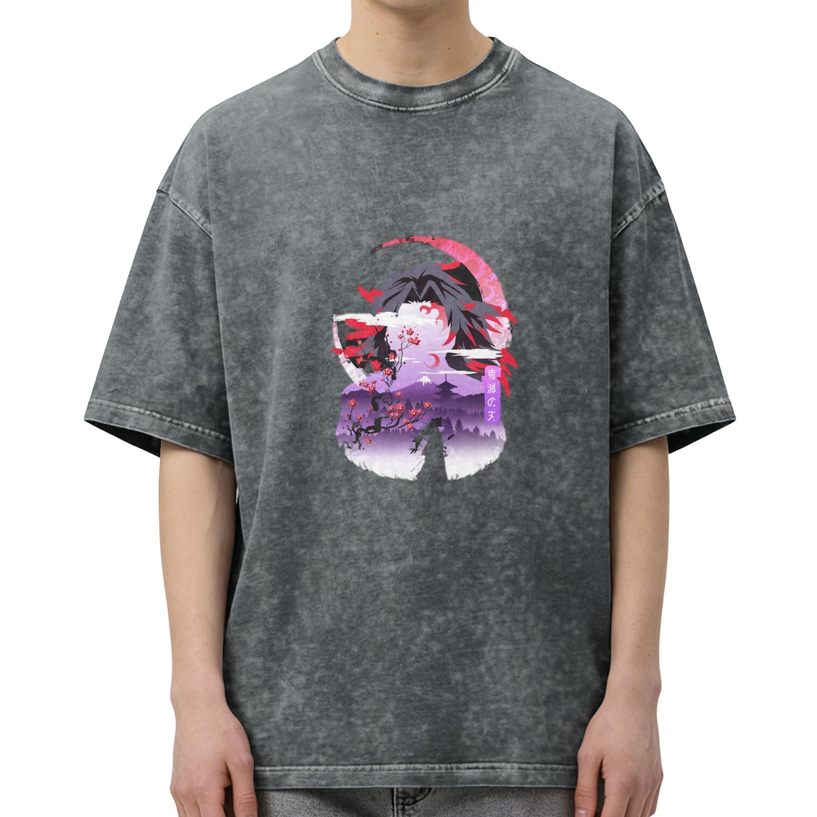 Oversized dark washed anime graphic t-shirt with samurai and cherry blossom design