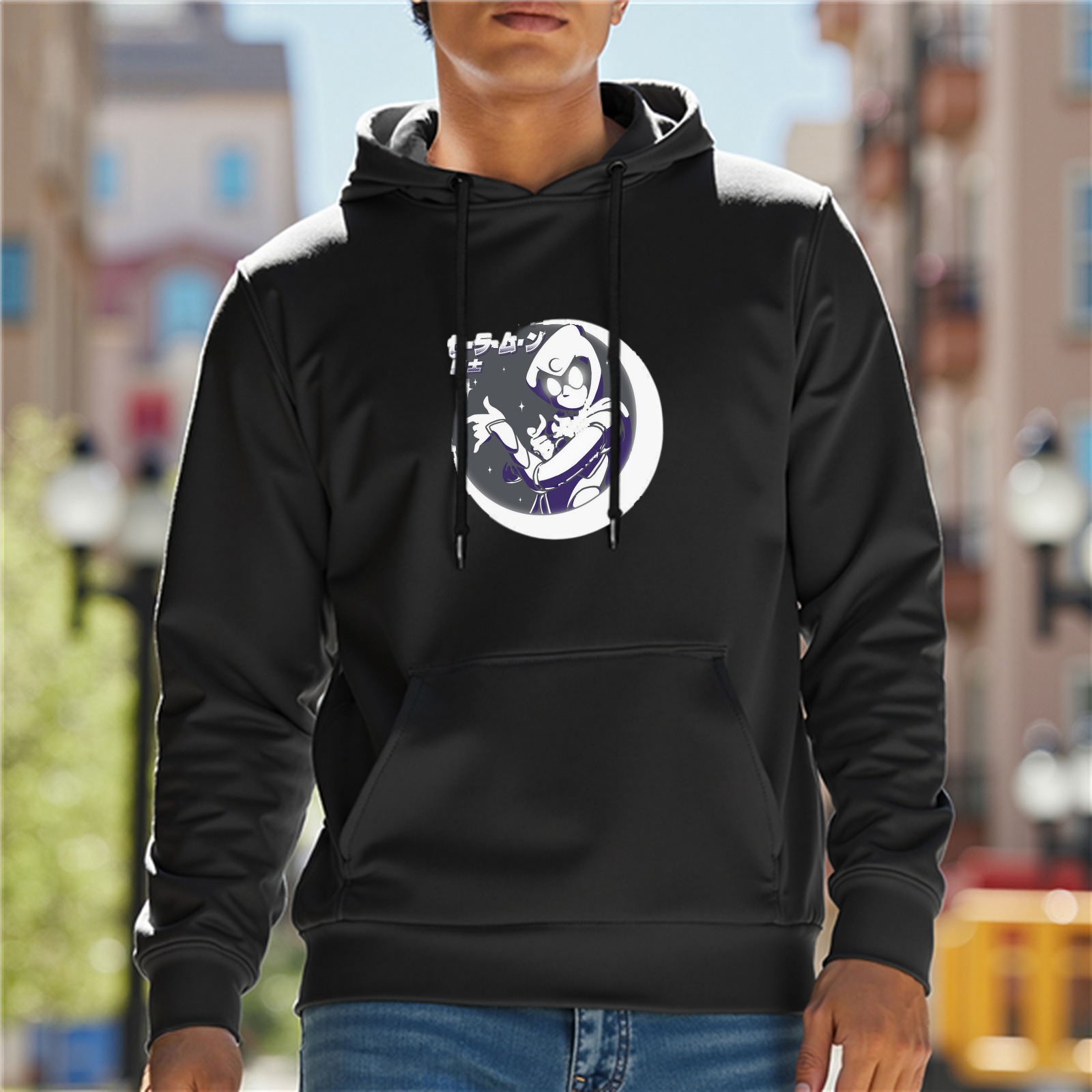 Black hoodie with anime moon character graphic print