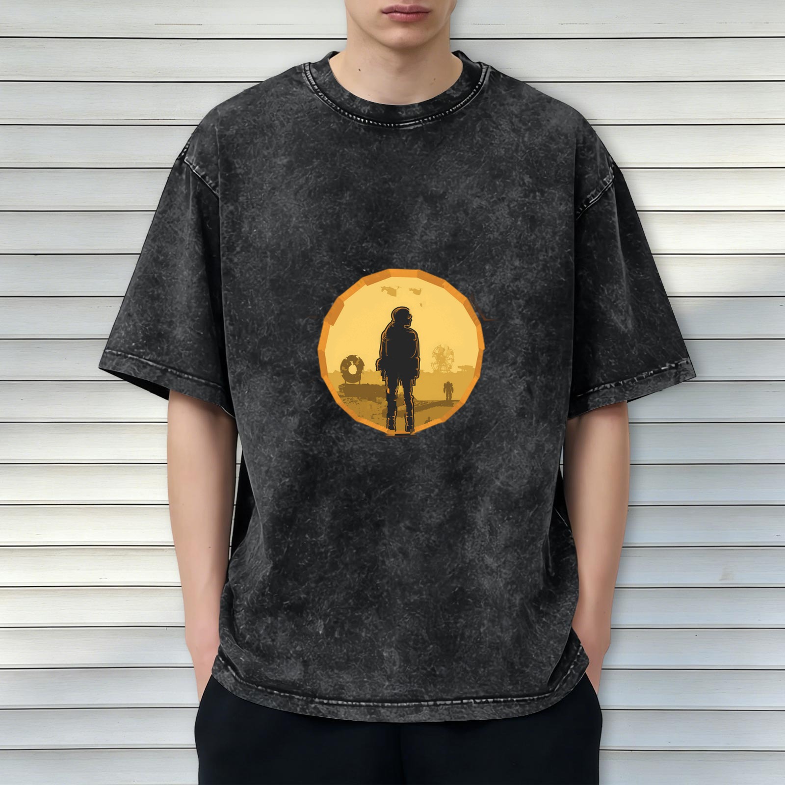 Washed Black Graphic T-Shirt with Lone Figure Silhouette Design
