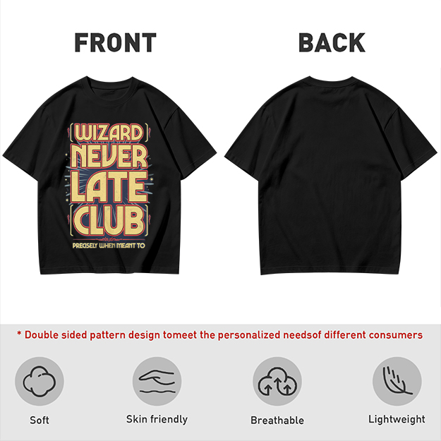 Olive t-shirt with Wizard Never Late Club graphic print