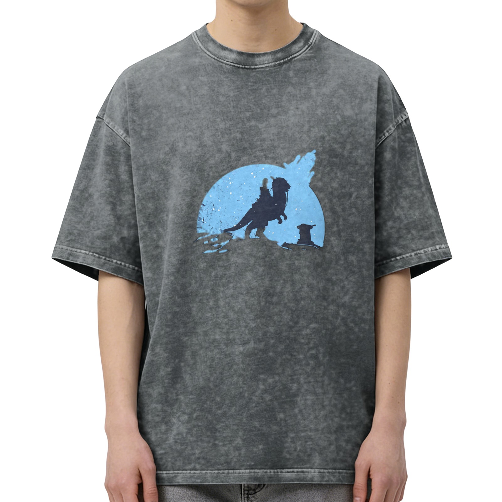 Washed Black T-Shirt With Sci-Fi Creature Rider Silhouette Graphic