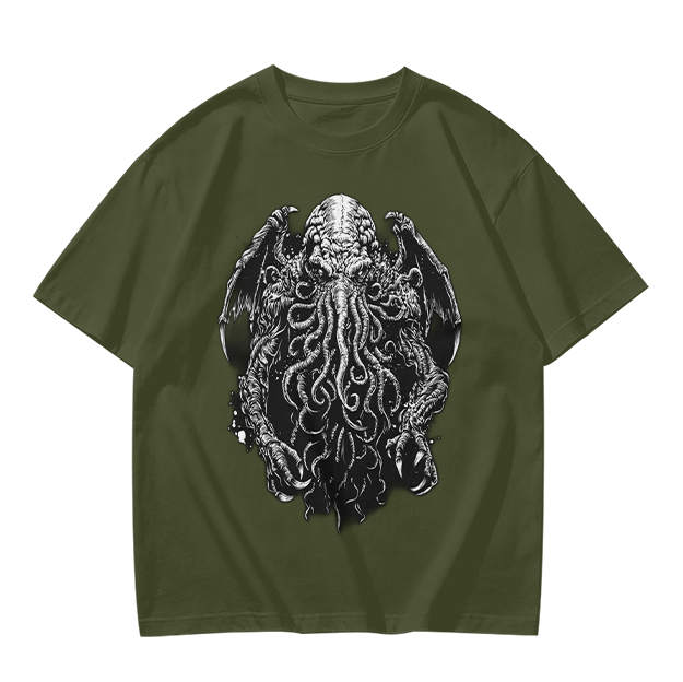 Olive Green T-Shirt with Cthulhu Monster Graphic Print