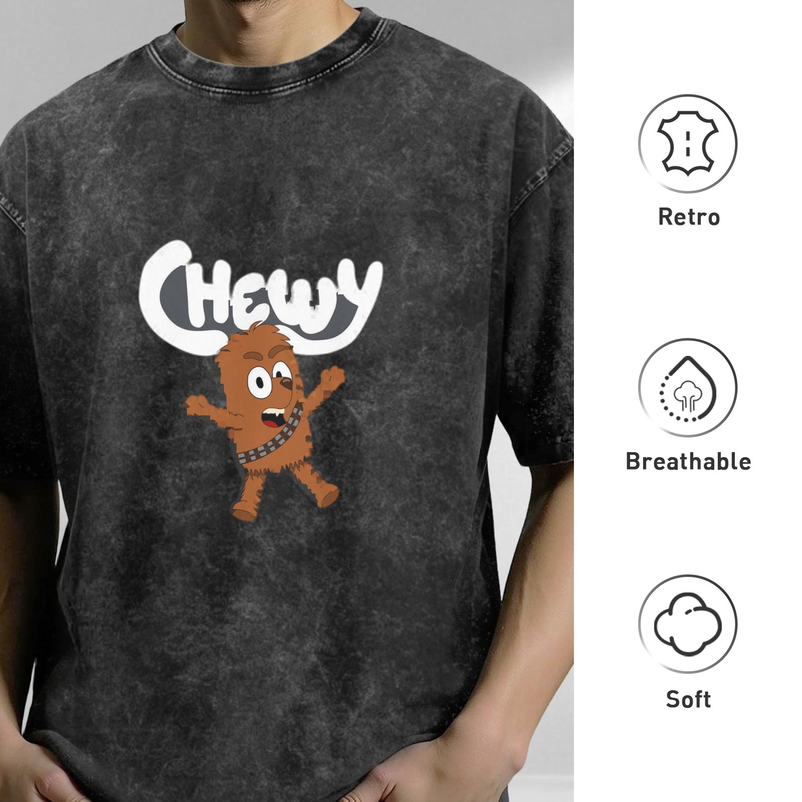 Oversized Vintage Wash T-Shirt with Cartoon Chewbacca 'Chewy' Graphic Print