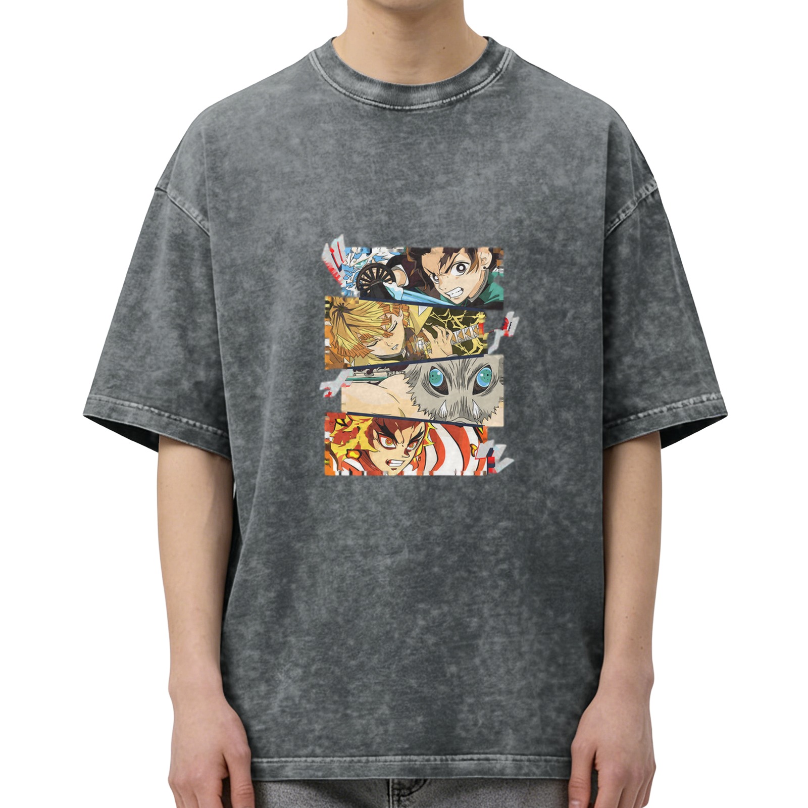 Demon Slayer themed distressed short-sleeved T-shirt