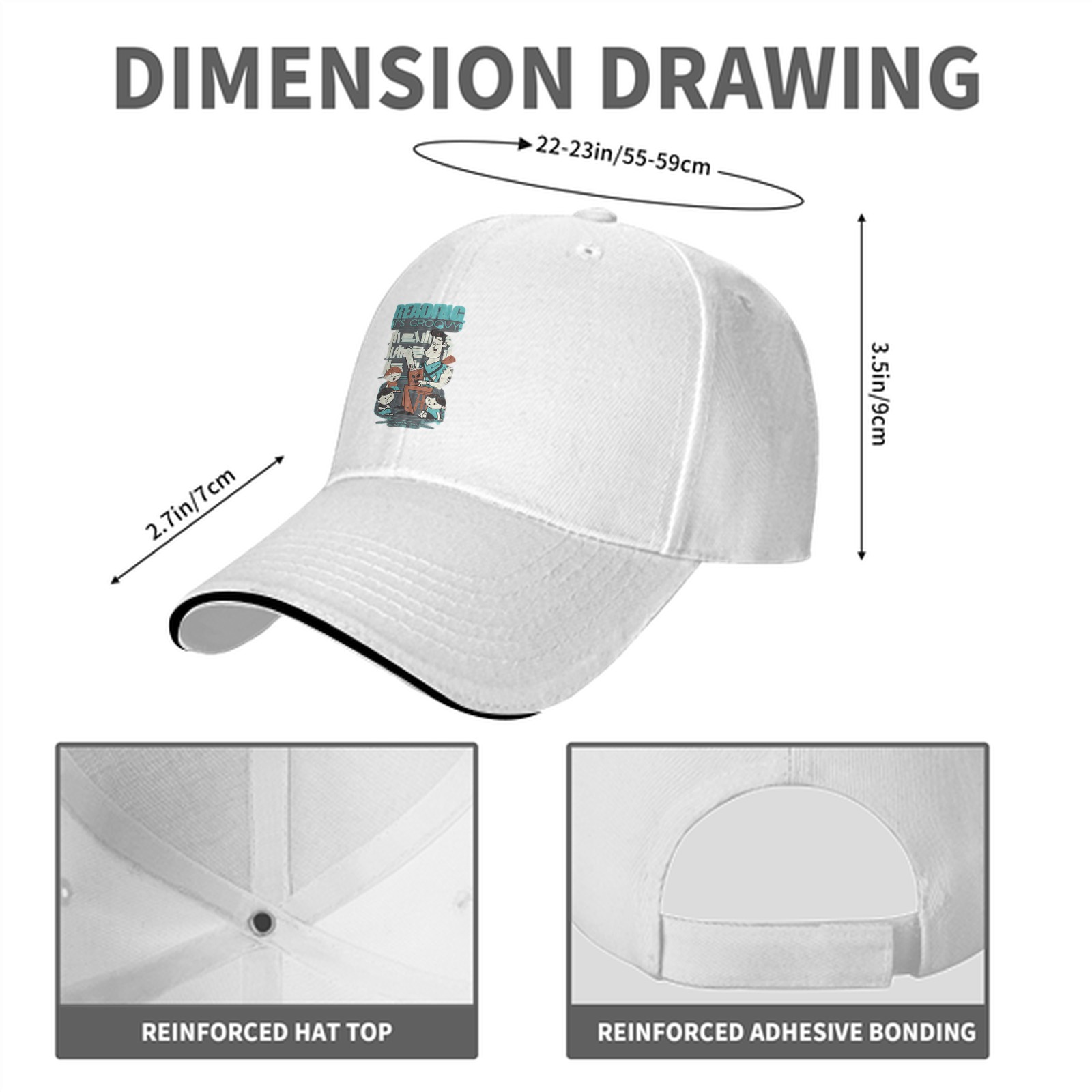 Black baseball cap with retro reading themed graphic print