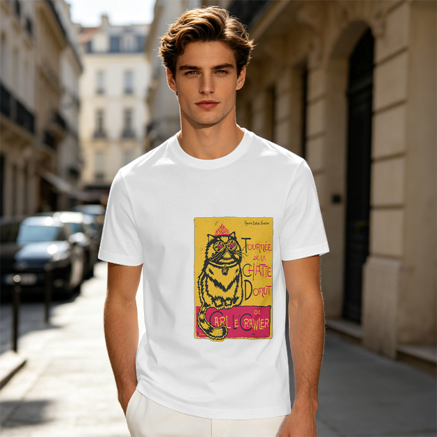 Olive T-shirt with a whimsical cat graphic print