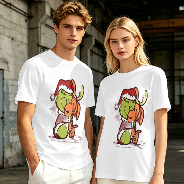 Olive Christmas T-Shirt Featuring Grinch Hugging Max The Reindeer
