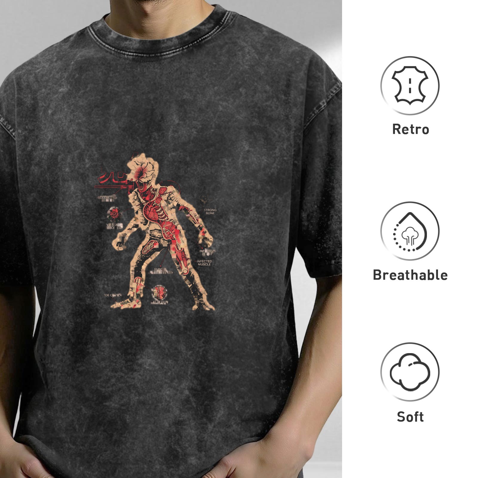 Oversized Acid Wash T-Shirt with Monster Anatomy Graphic Print