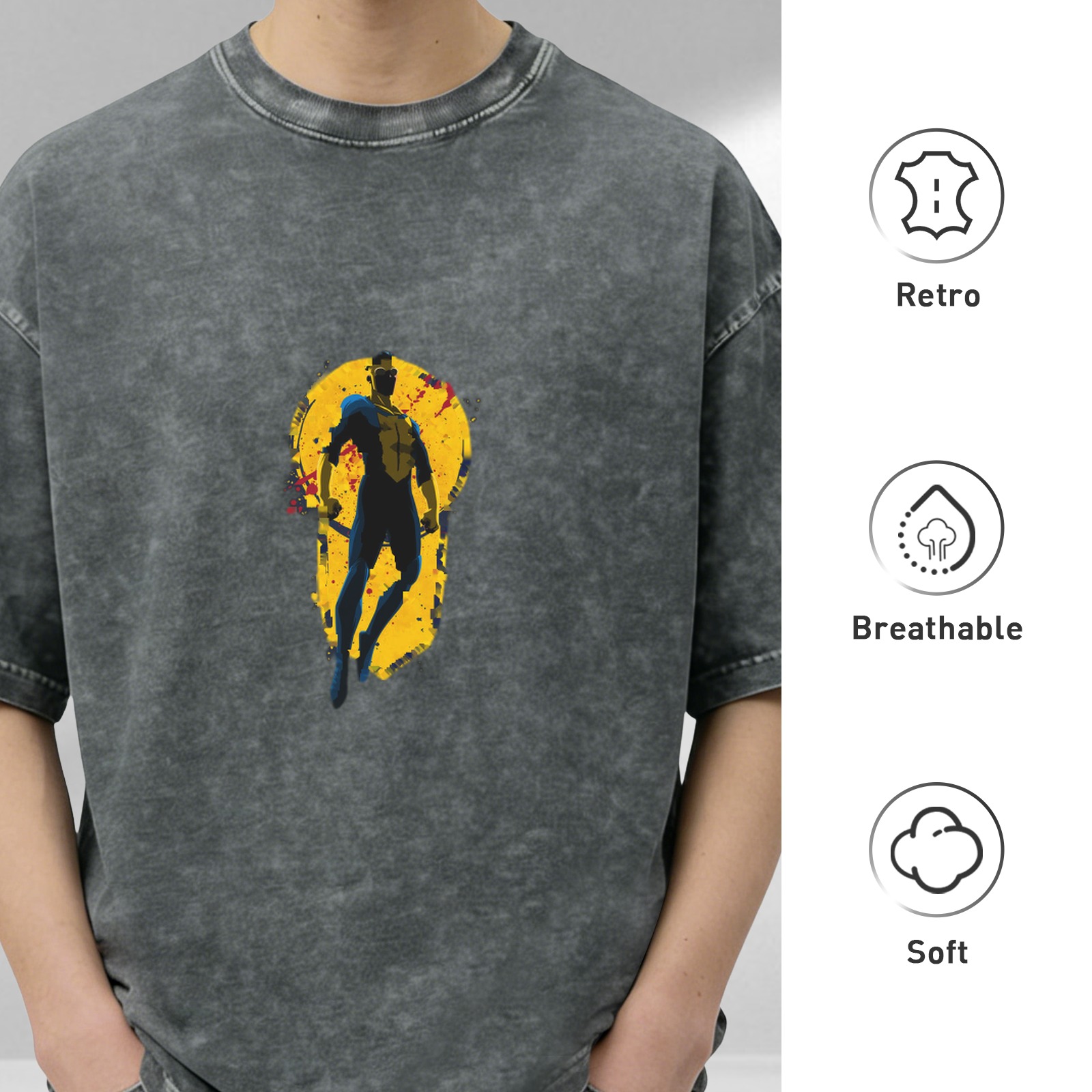 Retro washed distressed superhero printed short-sleeved T-shirt