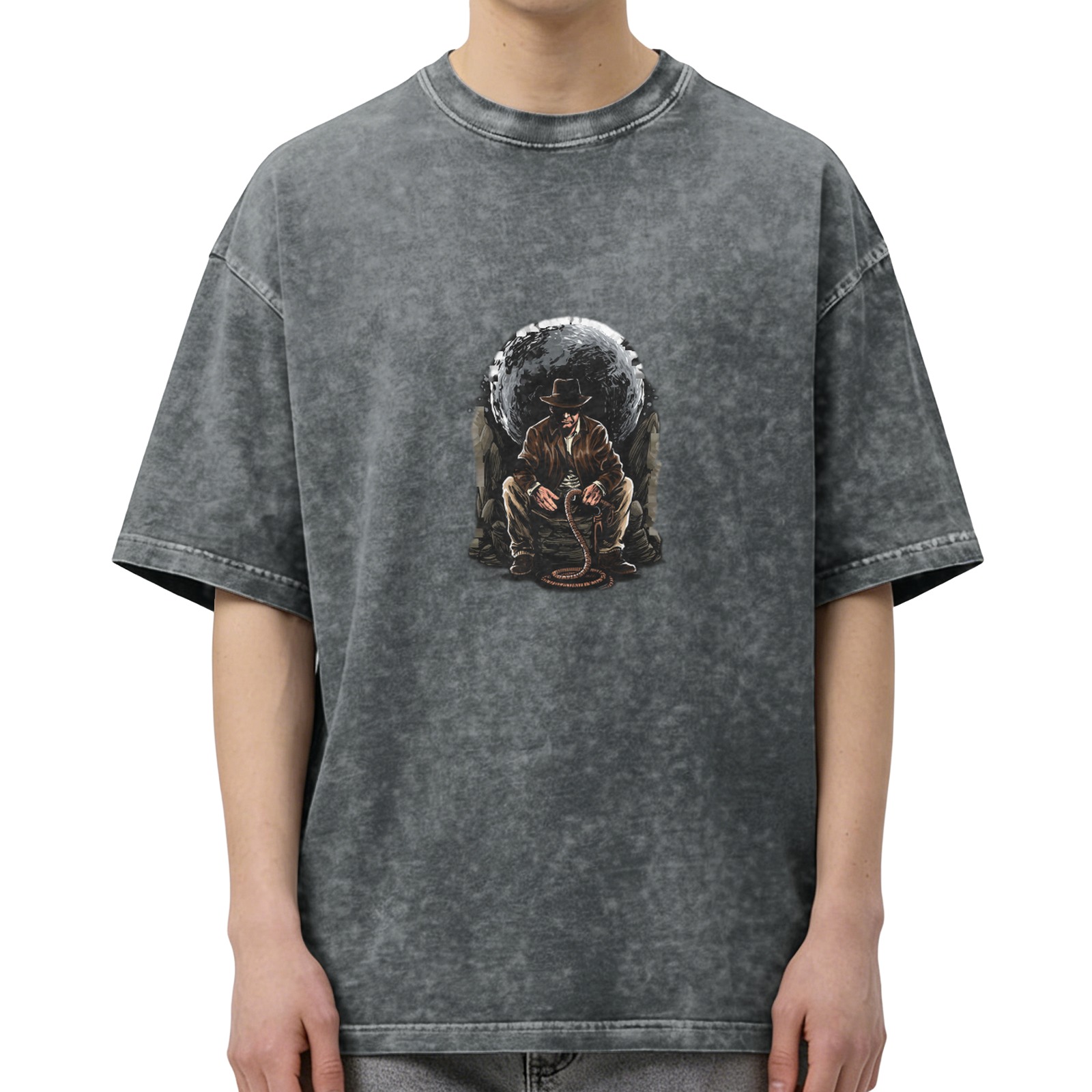 Washed Black T-Shirt With Adventurer And Snake Graphic Print