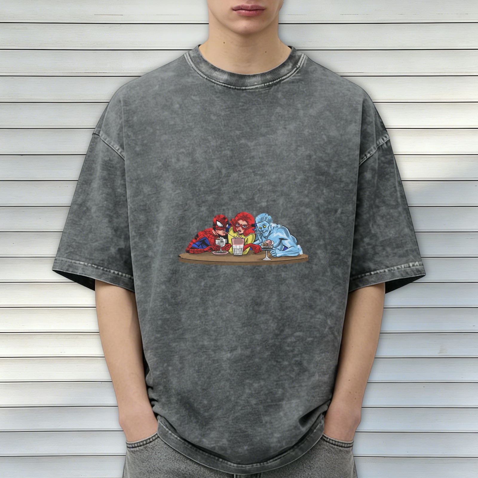 Washed Black T-Shirt with Superhero Characters at a Bar Table Graphic