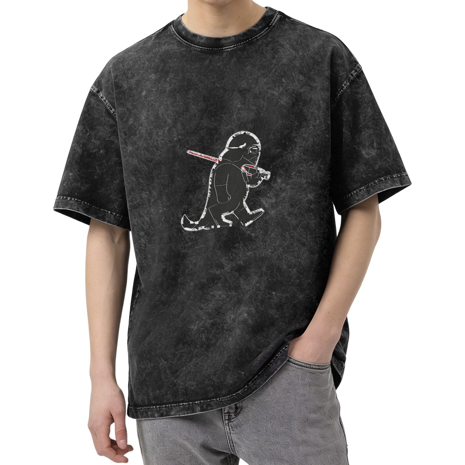 Washed Black T-Shirt with Dinosaur Darth Vader Graphic
