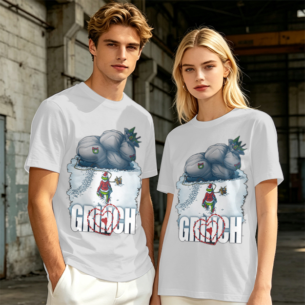 Grinch Stealing Christmas Gifts Snow Scene Graphic T-Shirt