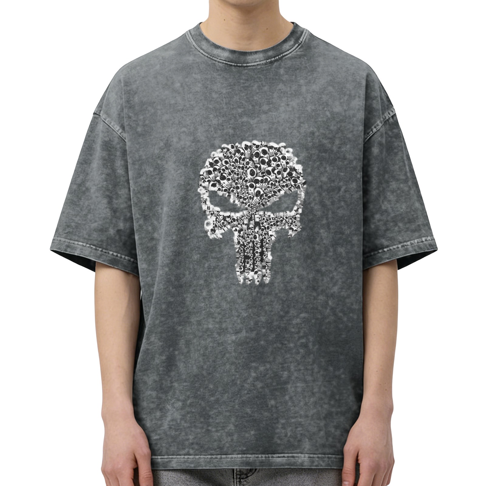 Washed Black Oversized T-Shirt With Punisher Skull Graphic