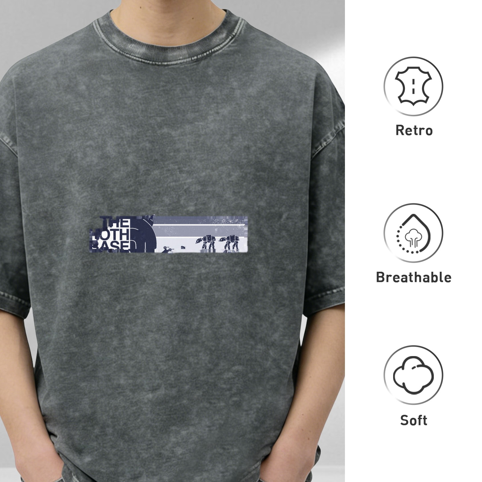 Men's Oversized Acid Wash T-Shirt with 'The Hoth Base' Star Wars Graphic Print, Black Distressed Denim-Look Fabric