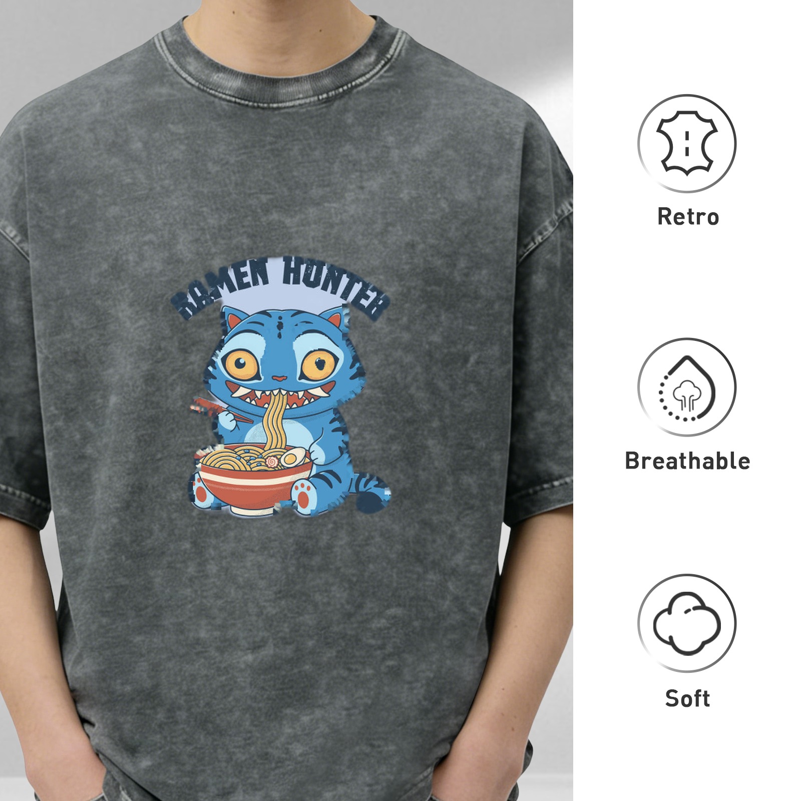 Ramen Hunter Cat Graphic Oversized Acid Wash T-Shirt